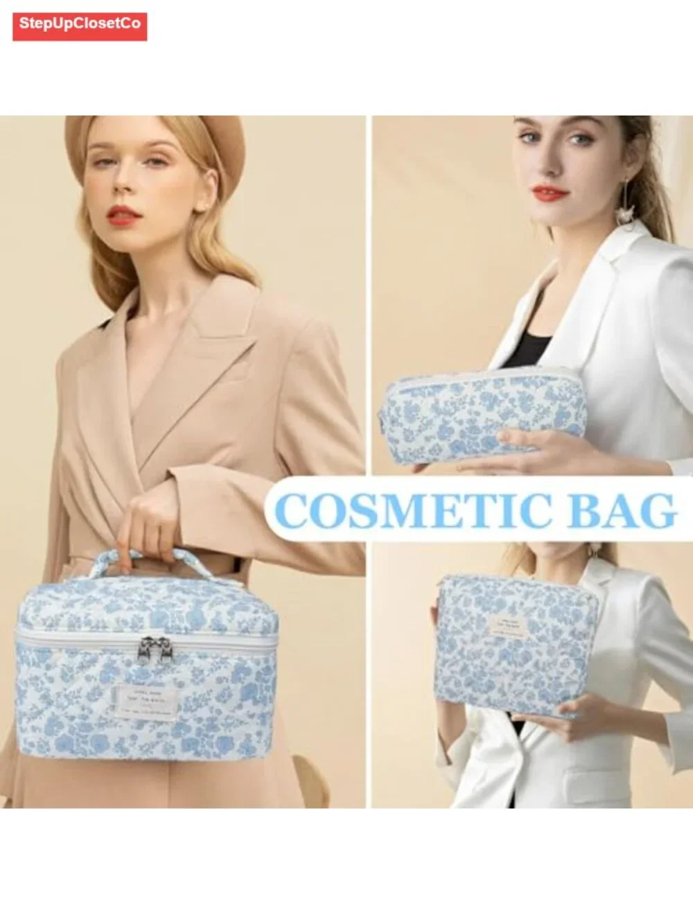 Quilted Floral Makeup Bag Set - 3 Cotton Cosmetic Organizers